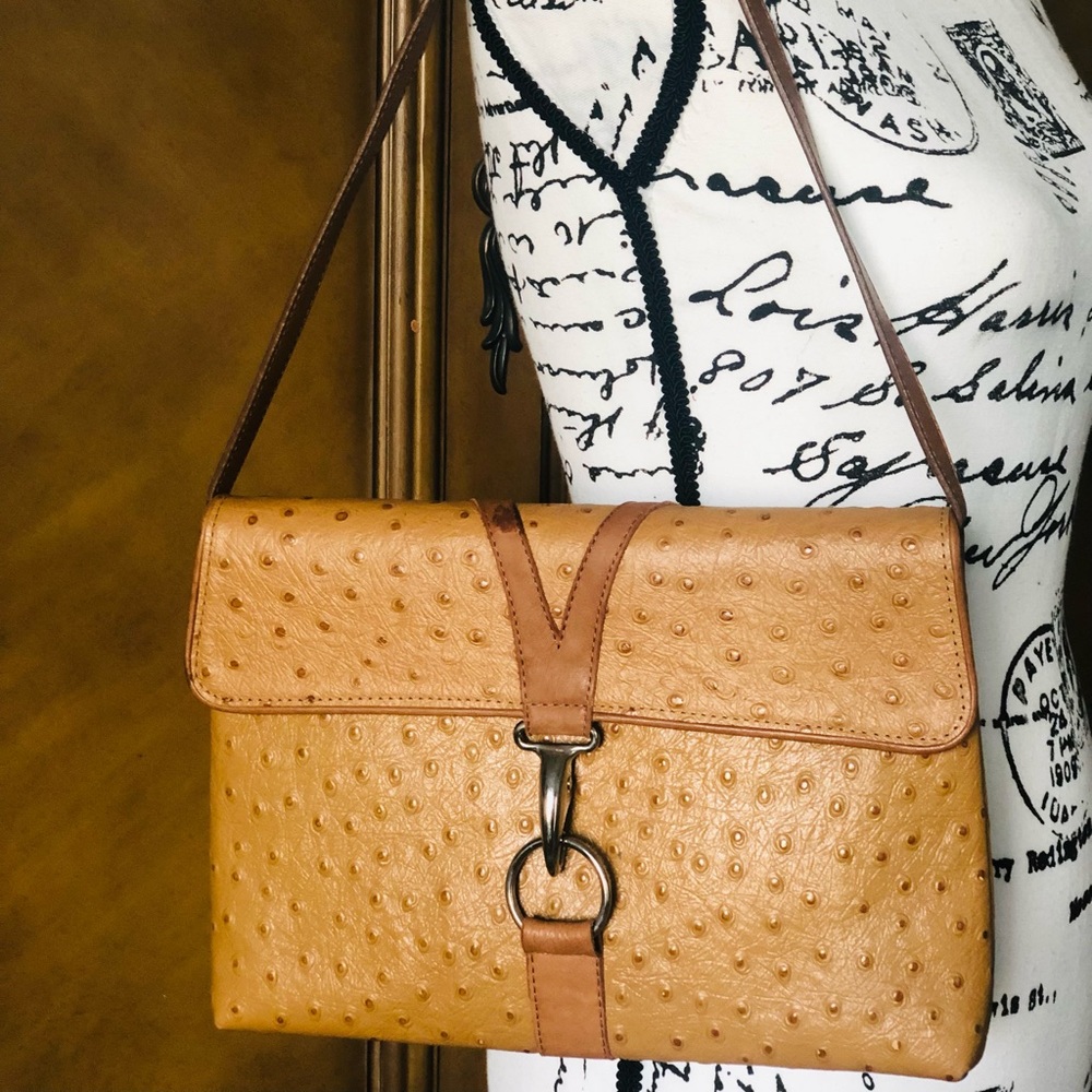 AL& C vintage authentic ostrich tan and brown leather shoulder bag